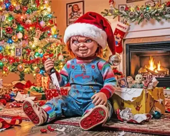 Chucky Claus Christmas diamond painting kit with spooky festive details