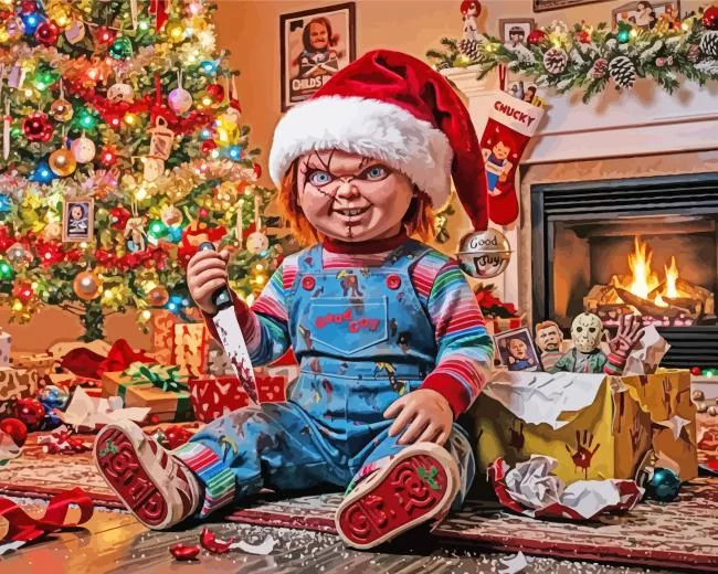 Chucky Claus Diamond Painting Kit Chucky Claus Christmas diamond painting kit with spooky festive details