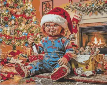 Chucky Claus Christmas diamond painting kit with spooky festive details