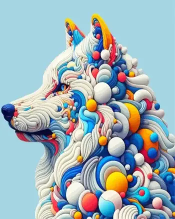 Colorful abstract wolf diamond painting kit — stylized wolf portrait with flowing multicolor shapes