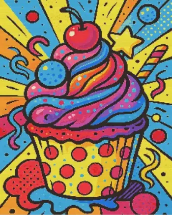 Colorful cupcake diamond painting kit with bright frosting and sprinkles