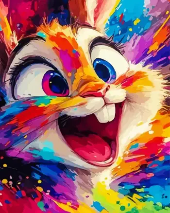 Colorful happy bunny diamond painting kit — cheerful rabbit with bright rainbow colors