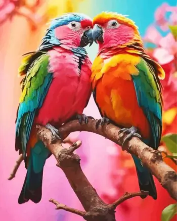 Colorful Macaw Couple diamond painting kit — two vibrant tropical macaws together