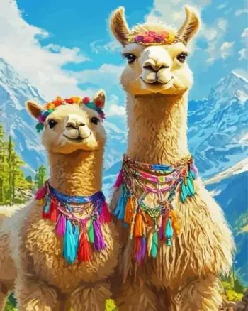 Colorful llamas diamond painting kit — two decorated llamas in the mountains