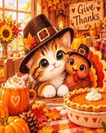 Cute Thanksgiving friends diamond painting kit - adorable autumn holiday scene