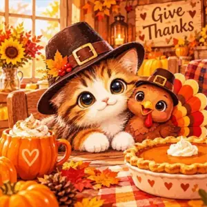 Cute Thanksgiving friends diamond painting kit - adorable autumn holiday scene