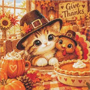 Cute Thanksgiving friends diamond painting kit - adorable autumn holiday scene