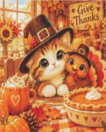 Cute Thanksgiving friends diamond painting kit - adorable autumn holiday scene