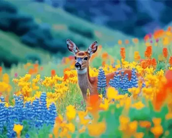 Deer in a wildflower meadow diamond painting kit — deer standing among colorful blooming flowers
