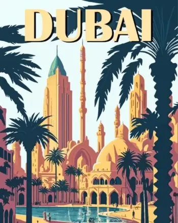Dubai poster diamond painting kit — colorful cityscape with iconic modern architecture