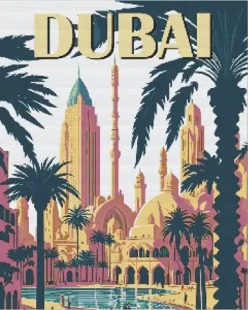 Dubai poster diamond painting kit — colorful cityscape with iconic modern architecture