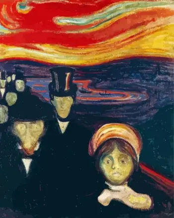 Anxiety by Edvard Munch diamond painting kit — figures beneath an intense red sky