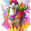 Colorful llama diamond painting kit — decorated llama with flower crown and bright green cacti