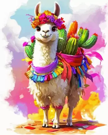 Colorful llama diamond painting kit — decorated llama with flower crown and bright green cacti