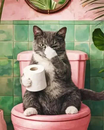 Funny cat on the toilet diamond painting kit | humorous cat bathroom scene