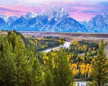 Grand Teton diamond painting kit — mountain peaks surrounded by golden autumn foliage