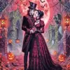 Halloween couple diamond painting with pumpkins and spooky decorations