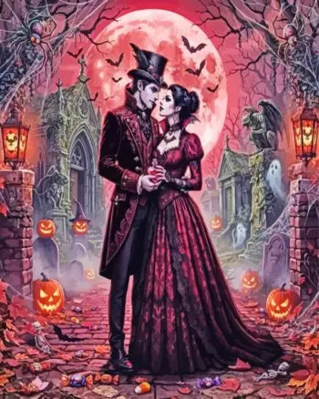 Halloween couple diamond painting with pumpkins and spooky decorations