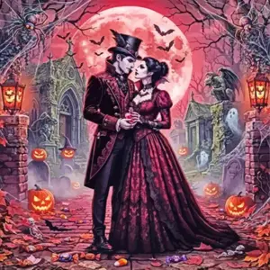 Halloween couple diamond painting with pumpkins and spooky decorations