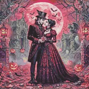 Halloween couple diamond painting with pumpkins and spooky decorations