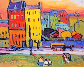 Houses In Munich diamond painting kit — colorful abstract houses with geometric details