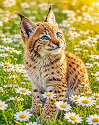 Lynx diamond painting kit — young lynx with blue eyes sitting among white daisies