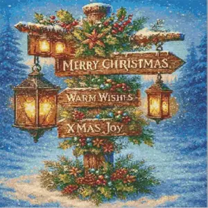 Merry Christmas wooden sign with evergreen branches and glowing lanterns in snow