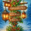 Merry Christmas wooden sign with evergreen branches and glowing lanterns in snow
