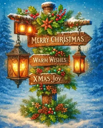 Merry Christmas wooden sign with evergreen branches and glowing lanterns in snow