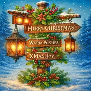 Merry Christmas wooden sign with evergreen branches and glowing lanterns in snow
