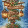 Merry Christmas wooden sign with evergreen branches and glowing lanterns in snow