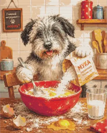 Cute dog making a kitchen mess while baking diamond painting