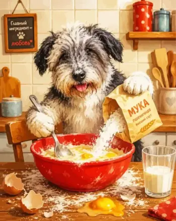 Cute dog making a kitchen mess while baking diamond painting
