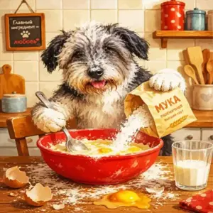 Cute dog making a kitchen mess while baking diamond painting
