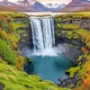 Mountain waterfall diamond painting kit — waterfall flowing into a blue pool surrounded by mountains