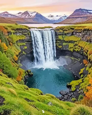 Mountain waterfall diamond painting kit — waterfall flowing into a blue pool surrounded by mountains