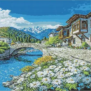 Peaceful mountain village diamond painting kit with scenic mountain landscape