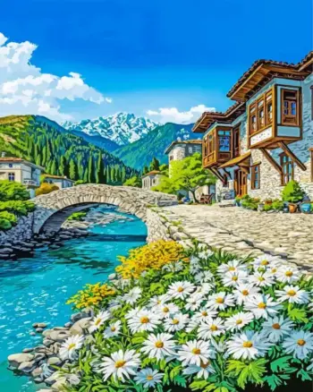 Peaceful mountain village diamond painting kit with scenic mountain landscape