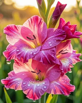 Gladiolus diamond painting kit — pink gladiolus flowers covered in sparkling dewdrops