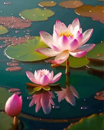 Pink water lilies diamond painting kit — pink blossoms and lily pads on a peaceful pond