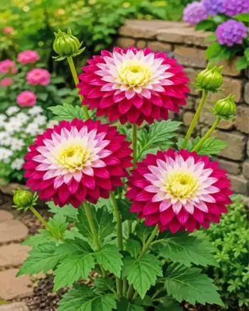 Dahlia diamond painting kit — pink and white dahlias blooming in a garden