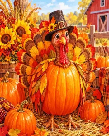 Pumpkin turkey harvest diamond painting kit - festive Thanksgiving scene