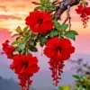 Red hibiscus diamond painting kit — vibrant tropical flower glowing at sunset