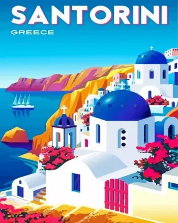 Santorini Greece diamond painting kit — whitewashed houses and blue domes overlooking the sea