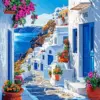 Santorini Greece diamond painting kit — whitewashed houses and blue domes overlooking the Aegean Sea