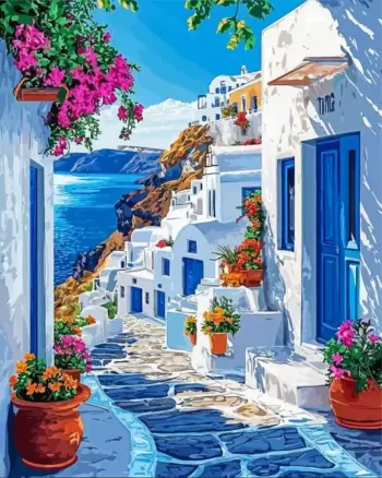 Santorini Greece diamond painting kit — whitewashed houses and blue domes overlooking the Aegean Sea