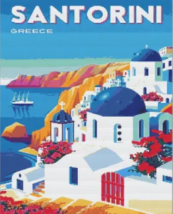 Santorini Greece diamond painting kit — whitewashed houses and blue domes overlooking the sea
