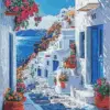 Santorini Greece diamond painting kit — whitewashed houses and blue domes overlooking the Aegean Sea