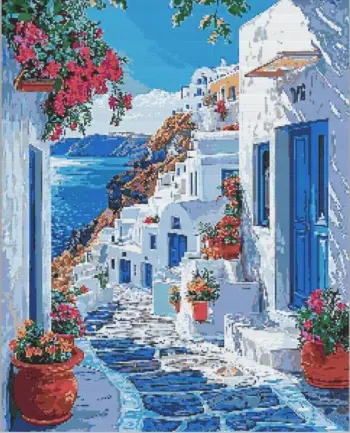 Santorini Greece diamond painting kit — whitewashed houses and blue domes overlooking the Aegean Sea