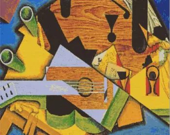 Still life with a guitar diamond painting kit — artistic guitar composition with colorful abstract details